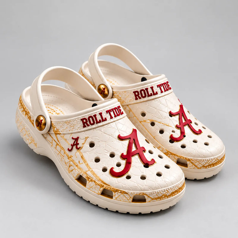 ROLL TIDE - ALA Script Monogram in Cream and Crimson Clogs