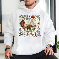 Folk Art Farm Animal Holiday Sweatshirt, Christmas Chicken Hoodie, Farmhouse Hen Winter Pullover, Country Rooster Xmas Lover Hoodie