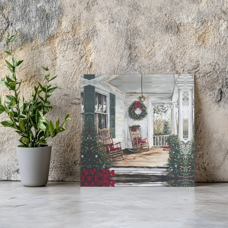 Rustic Holiday Wreath Canvas Art, Christmas Farmhouse Porch Canvas Print, Winter Rocking Chairs Wall Canvas, Comfy Holiday Decor Present Canvas