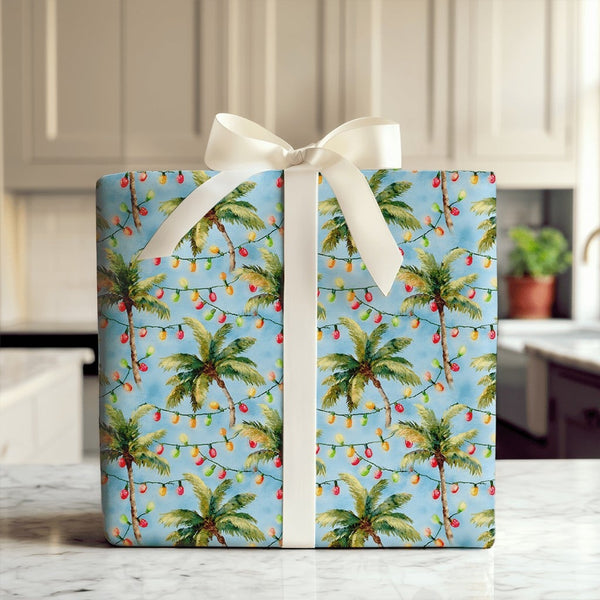 Tropical Beach Holiday Gift Wrap, Palm Tree Christmas Wrapping Paper, Coastal Christmas Tree Wrapping Paper, Island Festive G