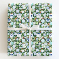 Blue and White Ornament Gift Wrap, Chinoiserie Christmas Wrapping Paper, Watercolor Pine Wrapping Paper Roll, Elegant Holiday Present Wrap