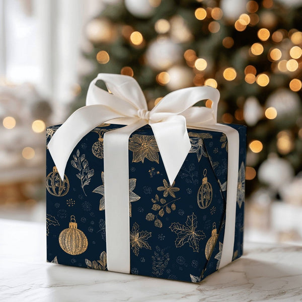 Navy Blue Christmas Gift Wrap, Gold Poinsettia Wrapping Paper, Elegant Botanical Holiday Present Paper, Winter Snowflake Wrap
