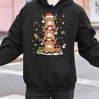 Stacked Farm Animal Holiday Sweatshirt, Adorable Highland Cow Christmas Hoodie, Festive Rustic Cow Pullover, Comfy Winter Xmas Hoodie