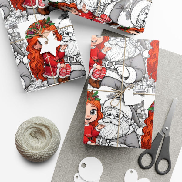 Adorable Holiday Gift Wrap Roll, Santa and Girl Christmas Wrapping Paper, Festive Present Paper for Kids, Xmas Gift Wrapping 