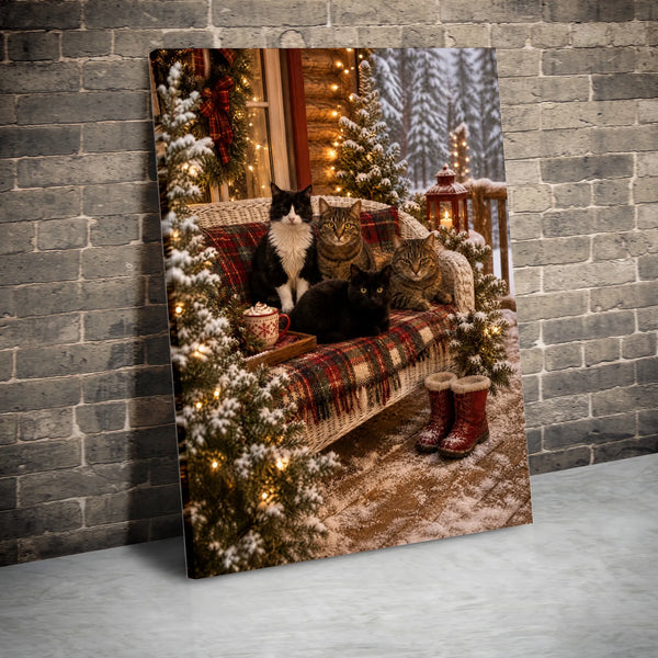 Snowy Porch Cat Wall Art, Christmas Cats Canvas, Comfy Cabin Holiday Cat Print, Winter Plaid Cat Canvas Art, Cat Lover Presen