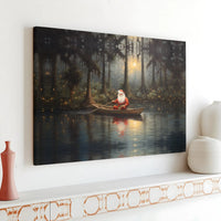 Mystical Bayou Christmas Canvas Wall Art, Santa Claus Swamp Boat Canvas Print, Rustic Southern Santa Canvas Decor