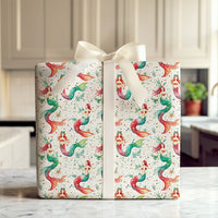 Coastal Holiday Mermaid Gift Wrap, Christmas Mermaid Wrapping Paper, Watercolor Mermaid Present Paper, Nautical Xmas Gift Wrap