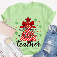 Bow Christmas Tree Colorful Lights Graphic Tee, Teacher Christmas T-Shirt, Festive Holiday Educator Shirt, Xmas Present