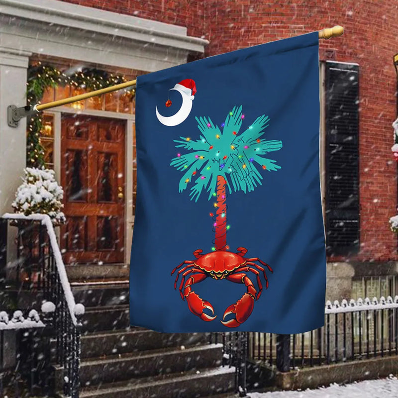 Santa Hat Holiday Yard Flag, South Carolina Christmas Palmetto Tree Crab Garden Flag, Double Sided Coastal Lawn Flag, Beach Porch Xmas Decor