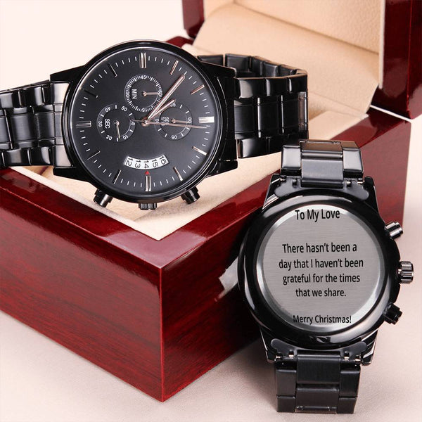 Custom Engraved Black Watch, Personalized Chronograph Watch, Stainless Steel Quartz Wrist Watch, Christmas Present, Anniversa
