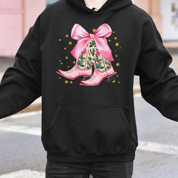 Pink Cowgirl Boots Holly Bow Hooded Sweatshirt, Western Christmas Hoodie, Preppy Holiday Rodeo Pullover, Coquette Christmas S