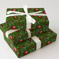 Red Ornaments Gift Wrap, Vintage Christmas Wrapping Paper, Dark Green Holiday Wrapping Paper, Botanical Winter Xmas Gift Wrapping Paper Roll