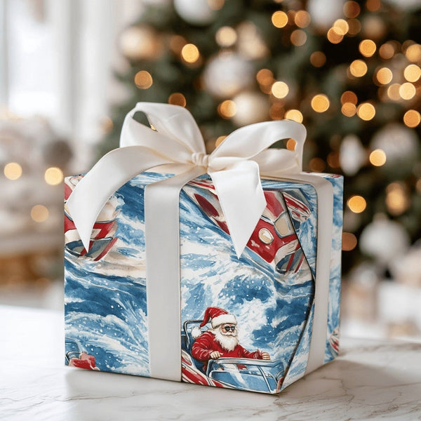 Humorous Nautical Christmas Gift Wrap, Santa in Speedboat Wrapping Paper, Boating Santa Present Paper, Coastal Holiday Gift W