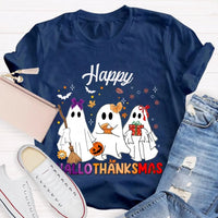 Adorable Three Ghosts Holiday Tee, Happy Hallothankmas T-Shirt, Halloween Thanksgiving Christmas Shirt, Humorous Ghost Graphic T-Shirt