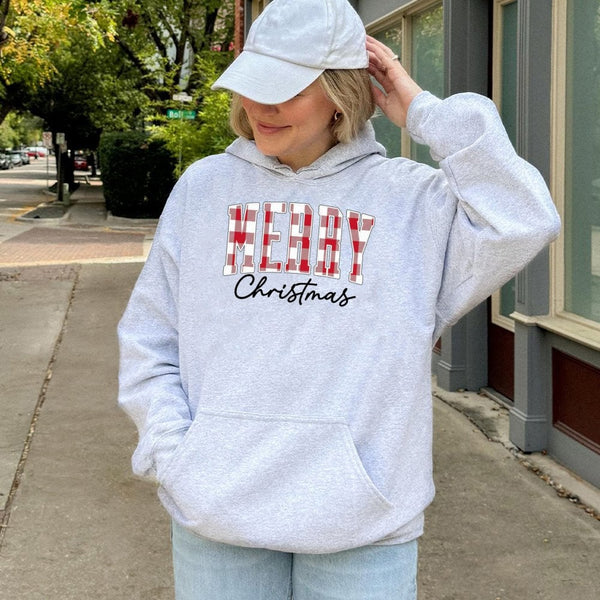 Red Buffalo Plaid Holiday Sweatshirt, Merry Christmas Hoodie, Comfy Winter Xmas Hooded Sweater, Festive Merry Bright Pullover