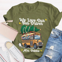 Custom Name Bus Driver Shirt, Personalized School Bus Christmas Tree T-Shirt, Holiday School Bus Tee, Christmas Tree Graphic Teacher Shirt