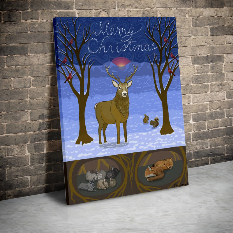 Winter Deer Forest Canvas Wall Art, Merry Christmas Woodland Animal Canvas, Holiday Wildlife Canvas Print, Rustic Xmas Wall Decor Present