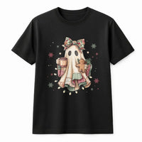 Comfy Ghost with Hot Cocoa Tee, Christmas Ghost T-Shirt, Gingerbread Ghost Shirt, Vintage Watercolor Holiday Tee, Adorable Christmas Present