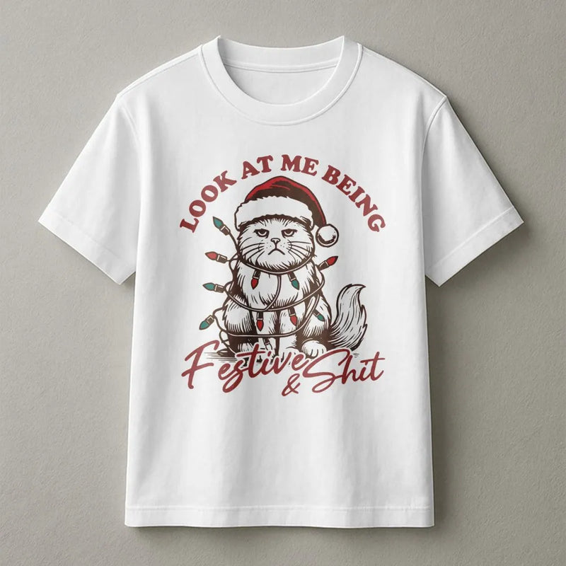 Grumpy Holiday Kitty Tee, Humorous Christmas Cat T-Shirt, Sarcastic Festive Graphic Shirt, Xmas Cat Lover Present for Men and Women