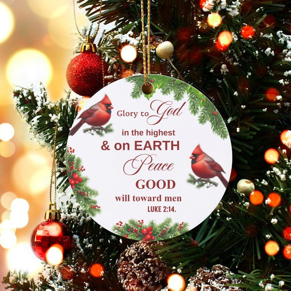Luke 2:14 Cardinal Bird Ornament, Glory to God Christmas Ornament, Ceramic Bible Verse Keepsake, Christian Holiday Tree Decor