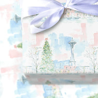 Watercolor Space Needle Gift Wrap, Seattle Christmas Wrapping Paper, Pacific Northwest Skyline Wrapping Paper, Festive Holiday Gift Wrap