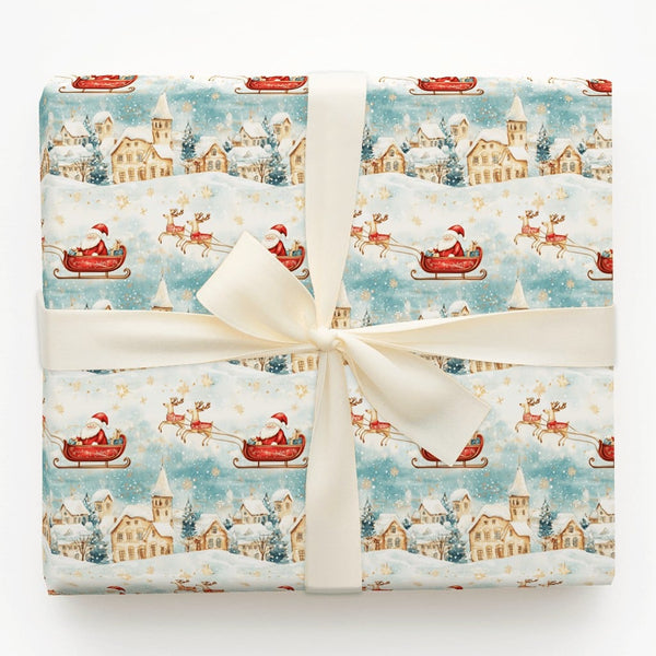 Vintage Snowy Village Gift Wrap, Santa Sleigh Christmas Wrapping Paper, Watercolor Reindeer Holiday Gift Wrapping Paper, Wint