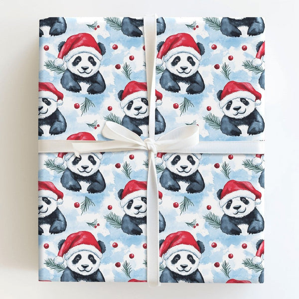 Watercolor Santa Hat Panda Gift Wrap, Christmas Panda Wrapping Paper, Adorable Panda Holiday Wrapping Paper, Winter Gift Wrap