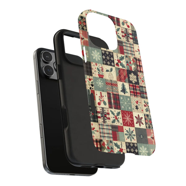 Holiday Quilt Pattern Phone Cover, Vintage Christmas Patchwork iPhone Case, Retro Winter Festive Phone Case, Dual Layer Xmas 