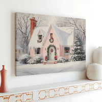 Snowy Winter Landscape Canvas Print, Pink Christmas Cottage Canvas Wall Art, Vintage Holiday Wall Decor, Comfy Seasonal Home Decor Present