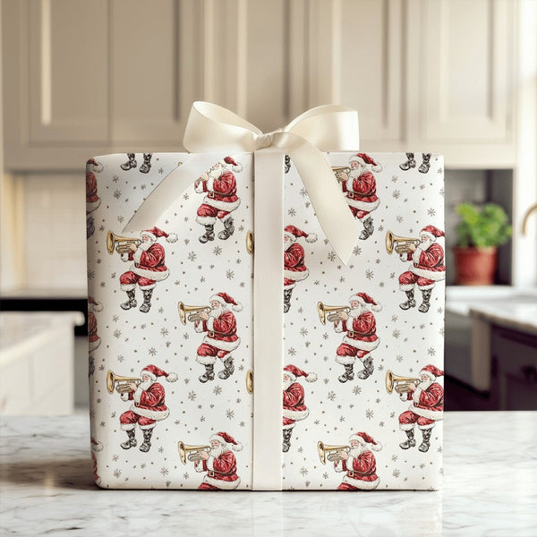 Vintage Musical Christmas Wrapping Paper, Trumpet Santa Wrapping Paper, Golden Horn Holiday Gift Wrap, Festive Secret Santa W