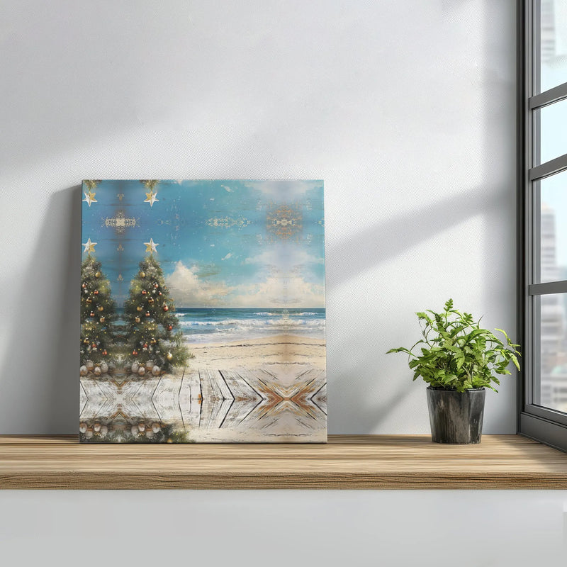 Tropical Beach Christmas Canvas Print, Coastal Christmas Tree Canvas Art, Beachy Christmas Art Poster, Ocean Scene Digital Download
