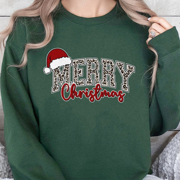 Leopard Print Santa Hat Holiday Crewneck, Merry Christmas Sweatshirt, Comfy Buffalo Plaid Xmas Sweater, Winter Holiday Pullov