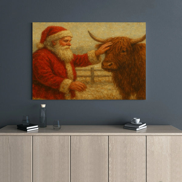 Vintage Farmhouse Christmas Canvas Print, Santa Claus with Highland Cow Canvas Art, Rustic Holiday Cattle Wall Decor, Xmas Ho