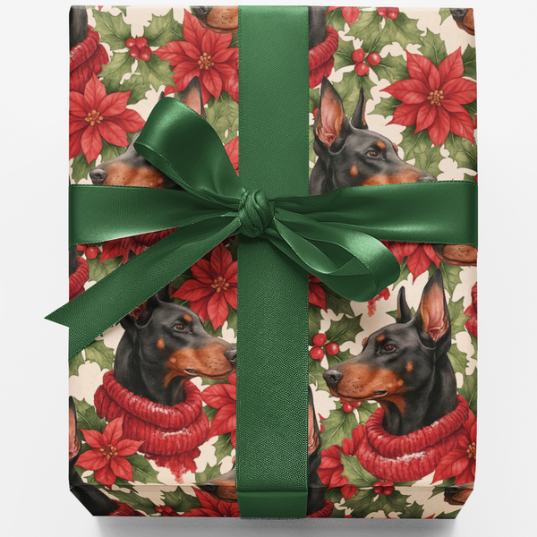 Doberman Christmas Gift Wrap, Doberman Pinscher Wrapping Paper, Winter Dog Holiday Wrapping Paper, Dog Lover Xmas Gift Wrap, 