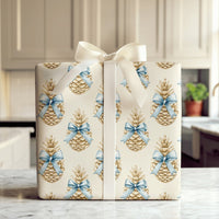 Blue Bow Winter Gift Wrap, Rustic Pinecone Christmas Wrapping Paper, Watercolor Pinecone Wrapping Paper, Elegant Holiday Gift Wrapping Paper