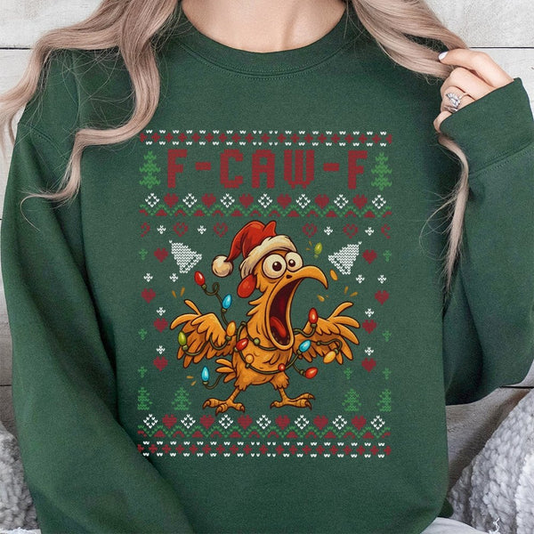Humorous Ugly Holiday Rooster Sweater, F-Caw-F Chicken Christmas Sweatshirt, Sarcastic Farm Animal Crewneck, Hilarious Xmas P