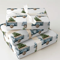 Farmhouse Christmas Truck Gift Wrap, Vintage Blue Truck Wrapping Paper, Rustic Tree Truck Wrapping Paper, Country Holiday Present Wrap