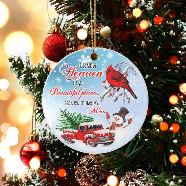 Cardinal and Red Truck Keepsake Ornament, Memorial Christmas Ceramic Ornament, Sympathy Loss of Mom Ornament, Remembrance Hol
