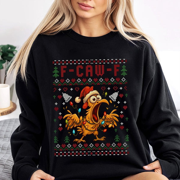 Humorous Ugly Holiday Rooster Sweater, F-Caw-F Chicken Christmas Sweatshirt, Sarcastic Farm Animal Crewneck, Hilarious Xmas P