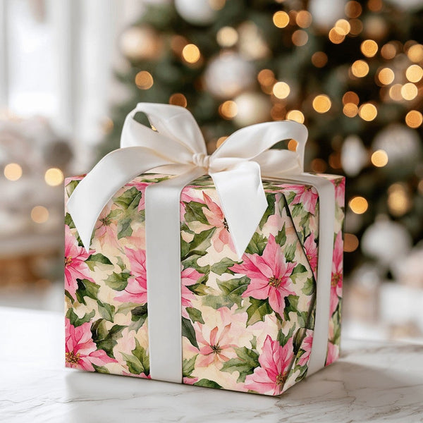 Watercolor Christmas Wrapping Paper, Pink Poinsettia Wrapping Paper, Floral Holiday Gift Wrap, Winter Botanical Paper, Elegan