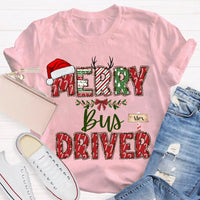 Custom Santa Hat Holiday Graphic Tee, Personalized Bus Driver Christmas T-Shirt, Merry Christmas Driver Shirt, Adorable Xmas School Bus Tee