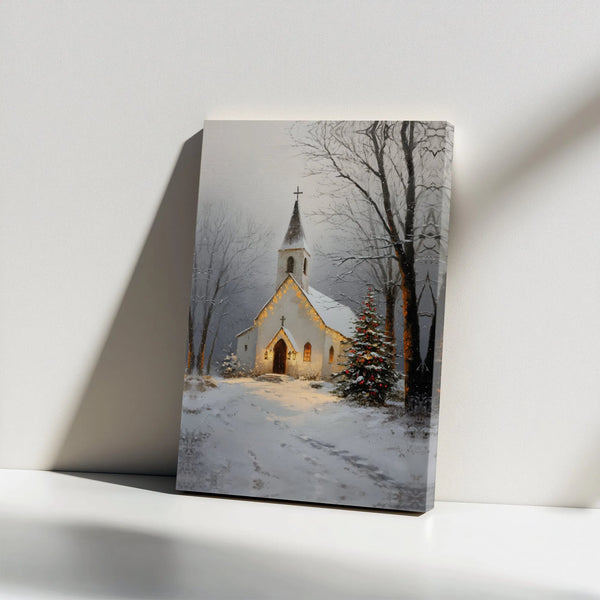Snowy Christmas Landscape Canvas Print, Winter Church Canvas Wall Art, Country Chapel Holiday Scene Canvas Decor, Digital Dow