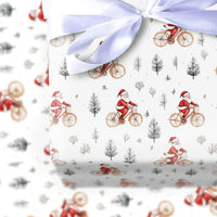 Winter Forest Gift Wrap, Santa on Bicycle Wrapping Paper, Watercolor Christmas Wrapping Paper, Holiday Gift Wrap, Xmas Present Wrap