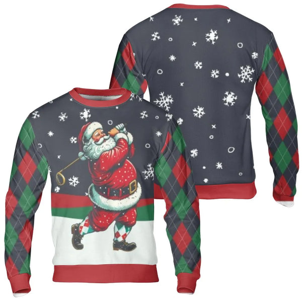 Argyle Golfer Holiday Sweater, Santa Golfing Ugly Christmas Sweatshirt, Humorous Golf Xmas Crewneck, Sports Lover Winter Pull