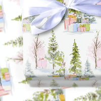 Pastel Tree Christmas Wrapping Paper, Watercolor Forest Wrapping Paper, Snowy Pine Holiday Wrapping Paper Roll, Elegant Xmas Gift Wrap Paper