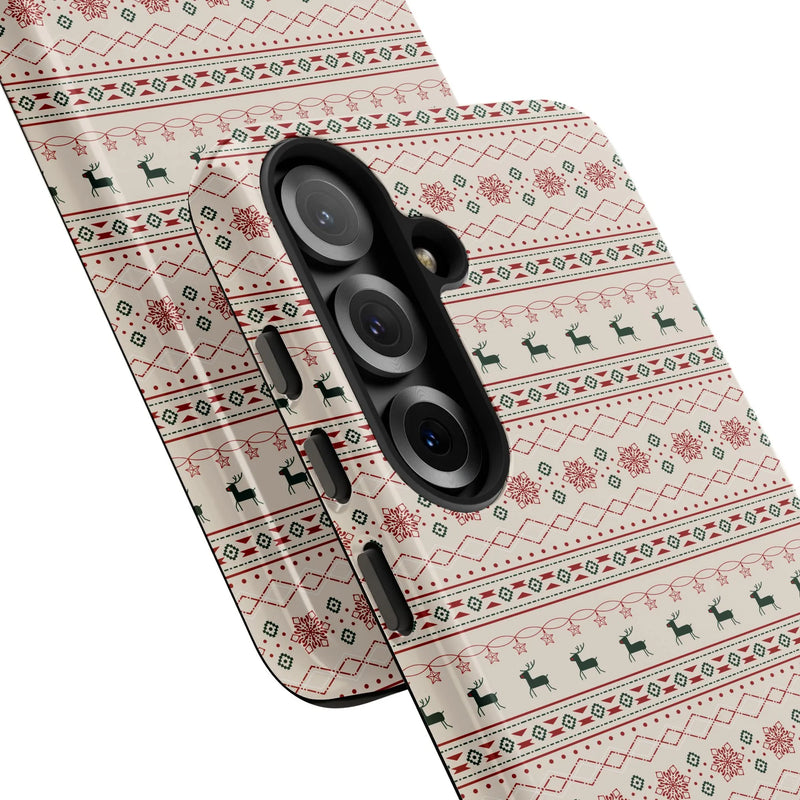 Nordic Reindeer Snowflake Phone Case, Christmas Samsung Phone Case, Dual Layer Holiday Cover, Festive Xmas Galaxy Phone Case Present for Her