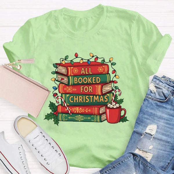 Comfy Bookworm Holiday Reading Shirt, All Booked for Christmas T-Shirt, Bookish Christmas Tree Graphic Tee, Book Lover Christ