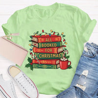 Comfy Bookworm Holiday Reading Shirt, All Booked for Christmas T-Shirt, Bookish Christmas Tree Graphic Tee, Book Lover Christmas T-Shirt