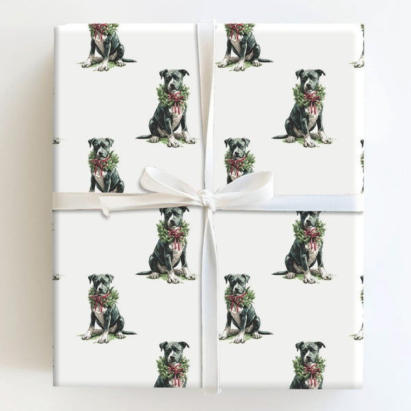 Black Pitbull Holiday Wreath Gift Wrap, Pit Bull Christmas Wrapping Paper, Dog Lover Christmas Wrapping Paper, Adorable Dog H