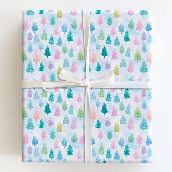 Watercolor Pine Tree Gift Wrap, Pastel Christmas Tree Wrapping Paper, Colorful Holiday Tree Wrapping Paper, Whimsical Winter 
